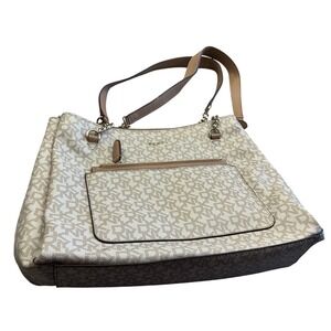 DKNY Monogram Tote Bag Beige Tan Logo Print Gold Hardware Shoulder Bag